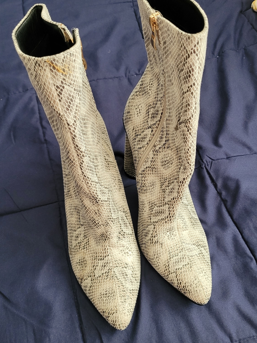 Fashion Nova Snake-Print Pointed Ankle Boots in Beige